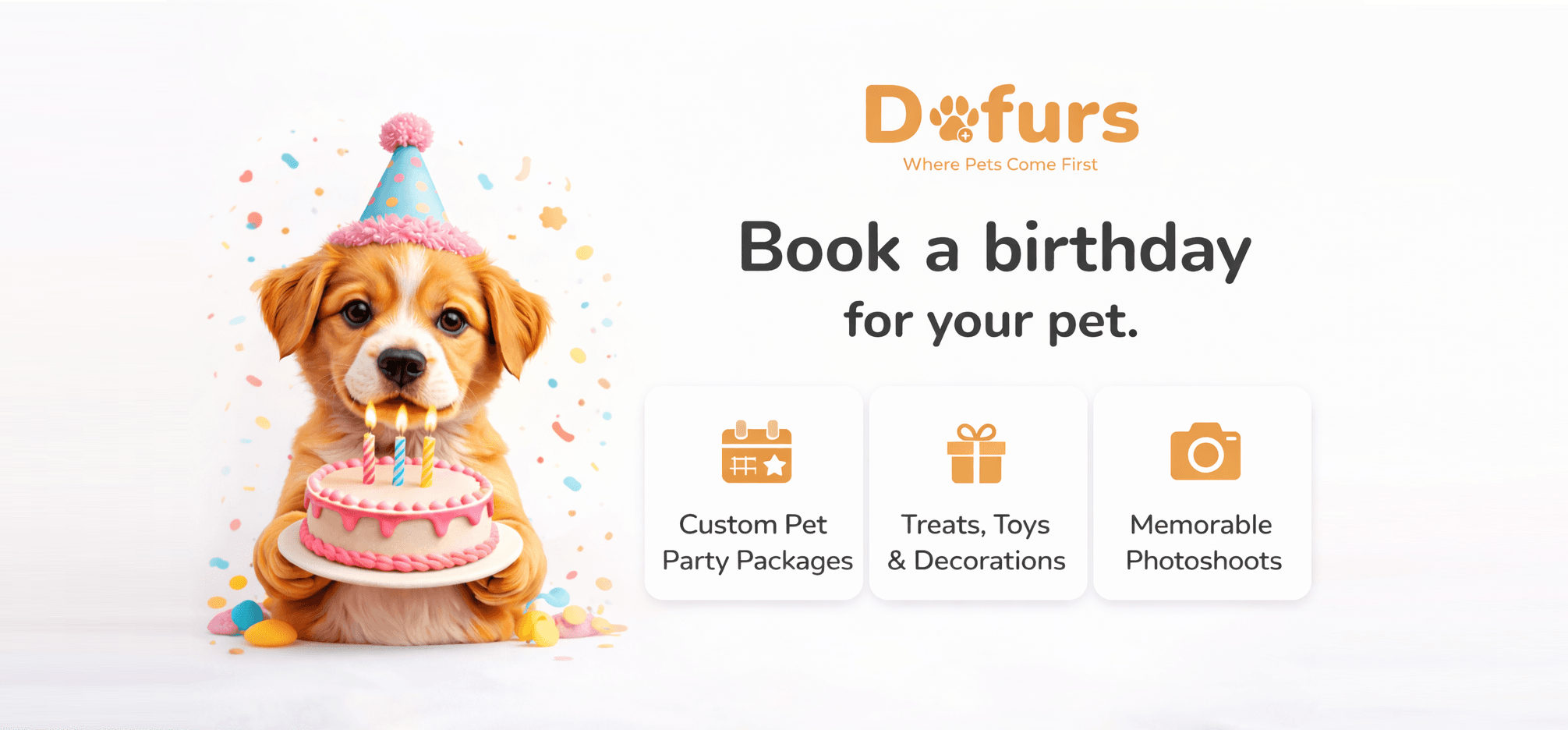 A joyful pet birthday setup with festive decorations and cake